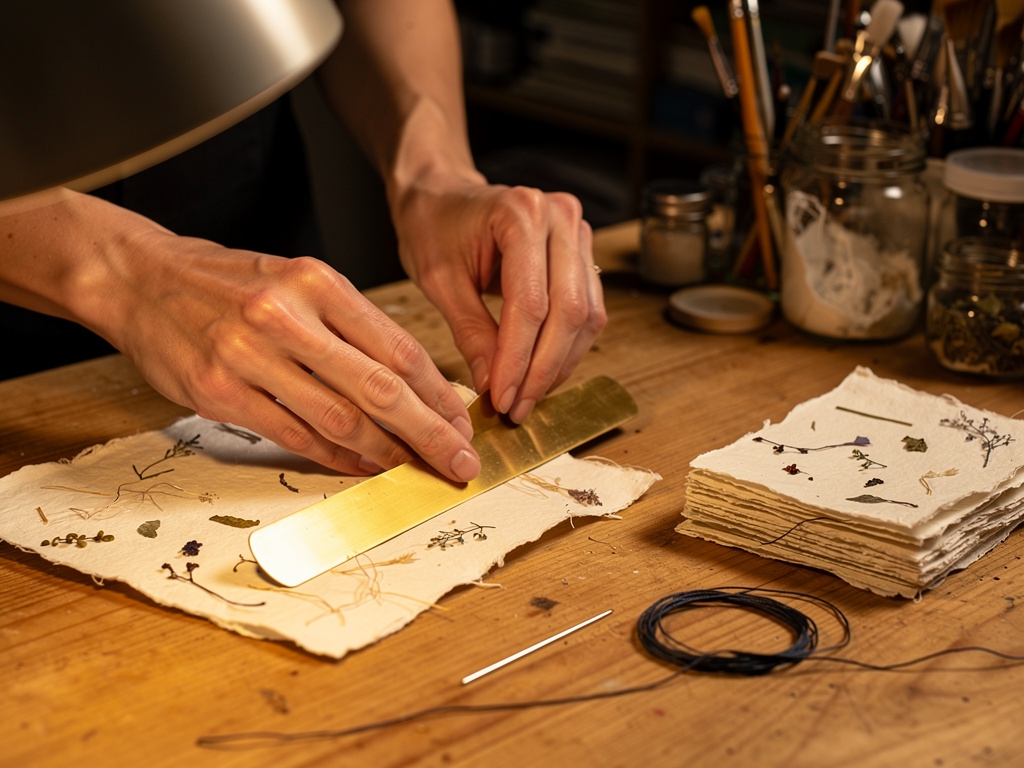 Buchkünstlerin bei der Weiterverarbeitung von handgeschöpftem Papier zu Buchseiten
