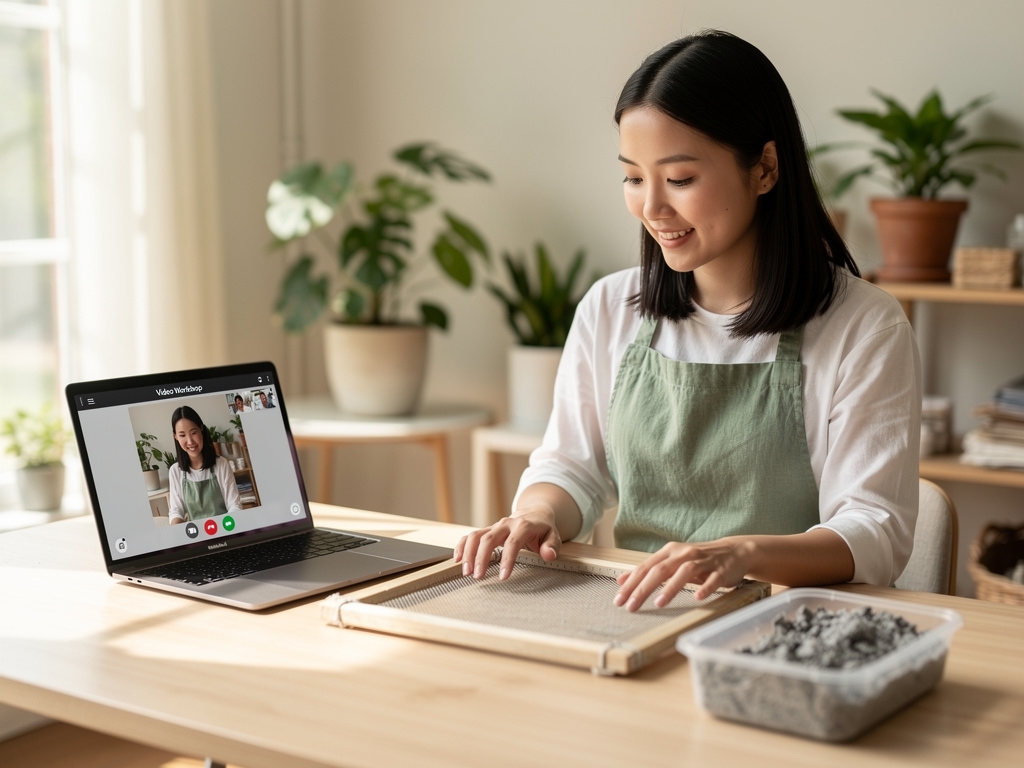 Teilnehmerin eines Online-Workshops beim Papierschöpfen vor ihrem Laptop