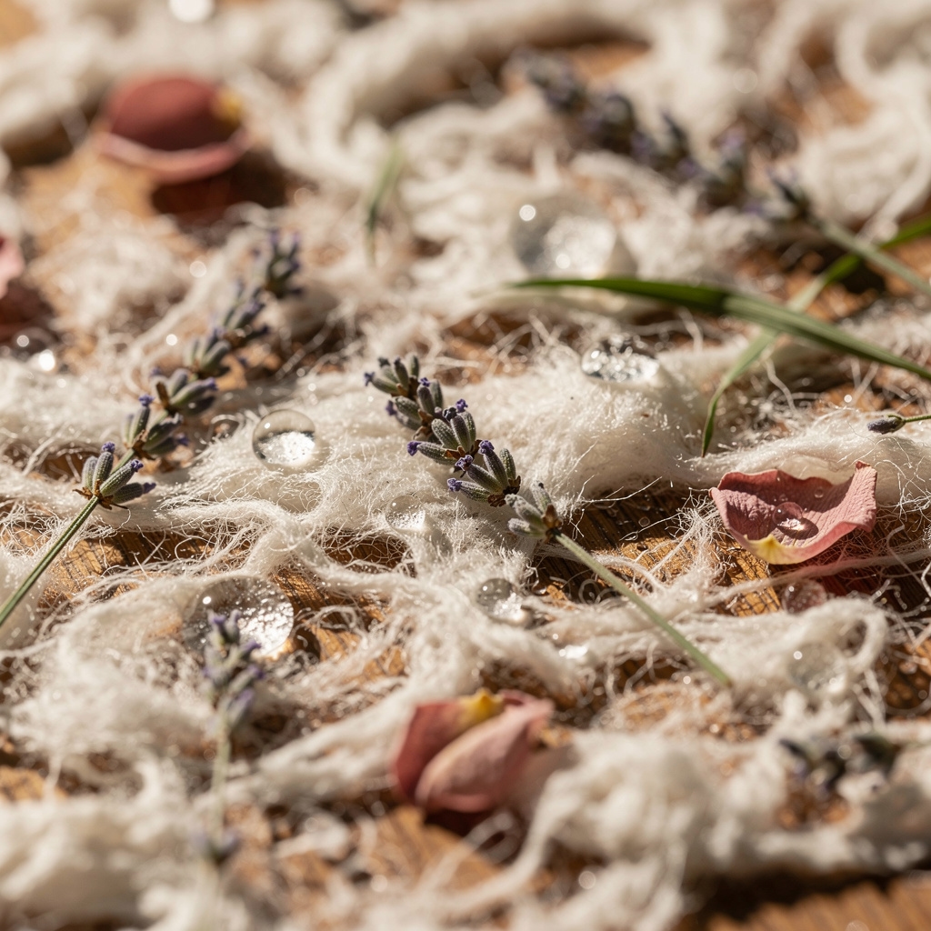 Nahaufnahme von Papierpulpe mit Pflanzenresten und Naturmaterialien